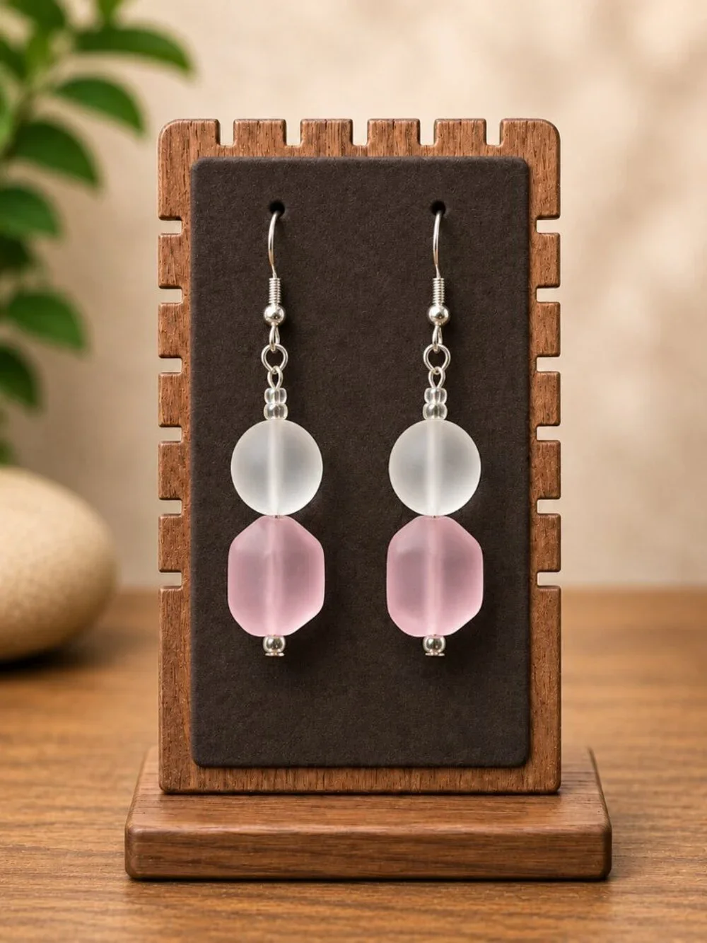 White & Pink Sea Glass Drop Earrings | Handmade